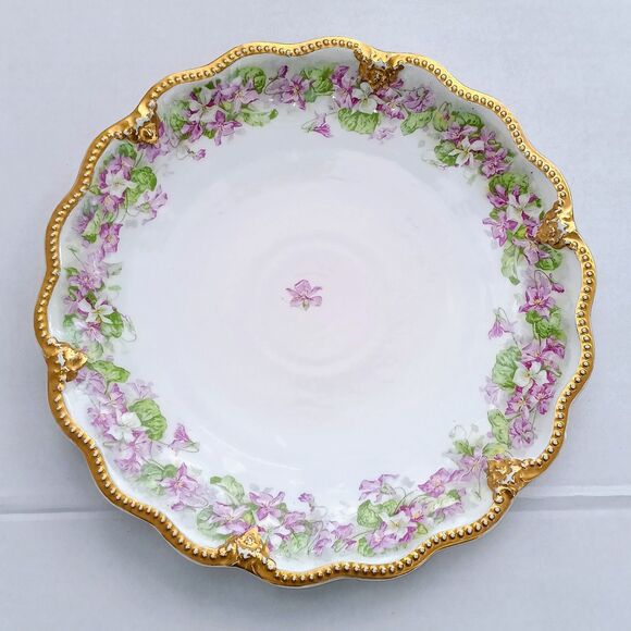 Antique A.Lanternier Limoges Porcelain Plate-Violets-Moriage Trim-Handpainted